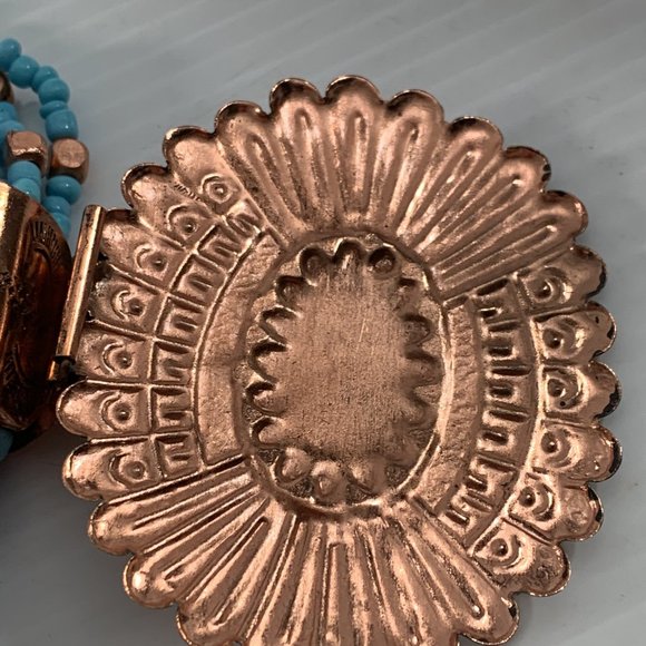 Turquoise Colored Necklace Multistrand Beaded Large Copper Colored Pendant 25" - Picture 9 of 14